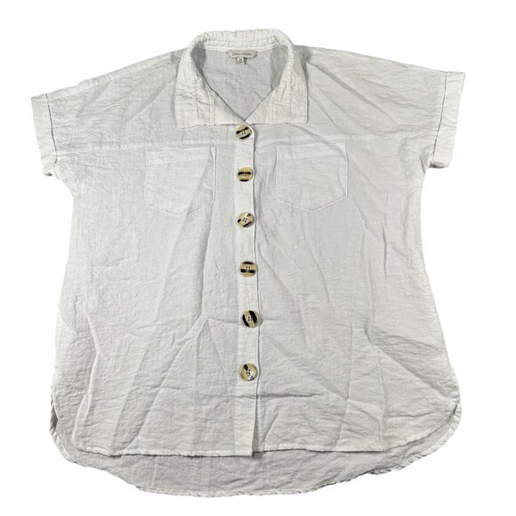 John Mark Womens M White Crinkle Cap Sleeve Button Front Lightweight Shirt Top - Picture 1 of 10